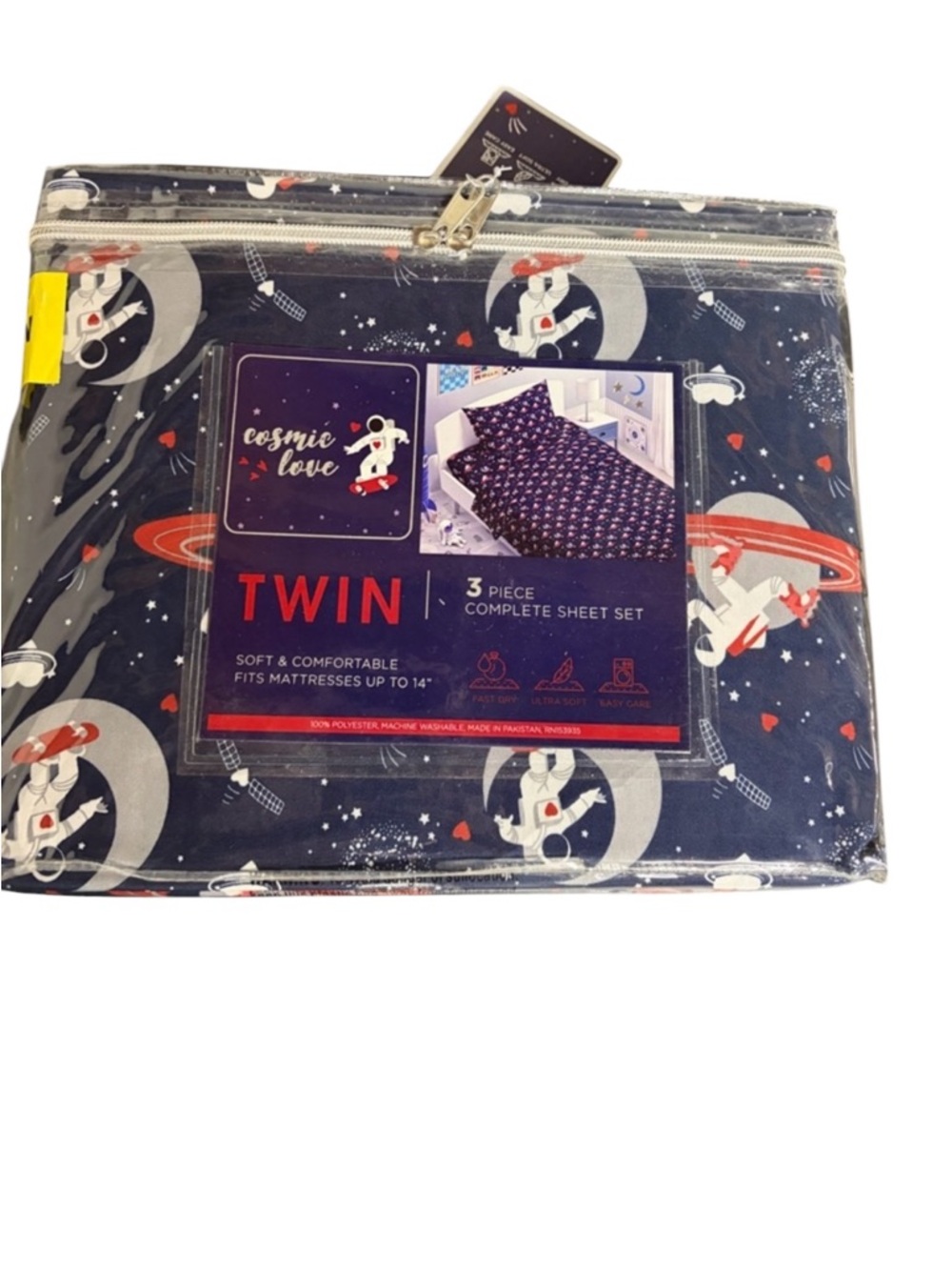 Cosmic Love Twin Sheet Set Space Astronaut Planet Print Kids Bedding Navy Red